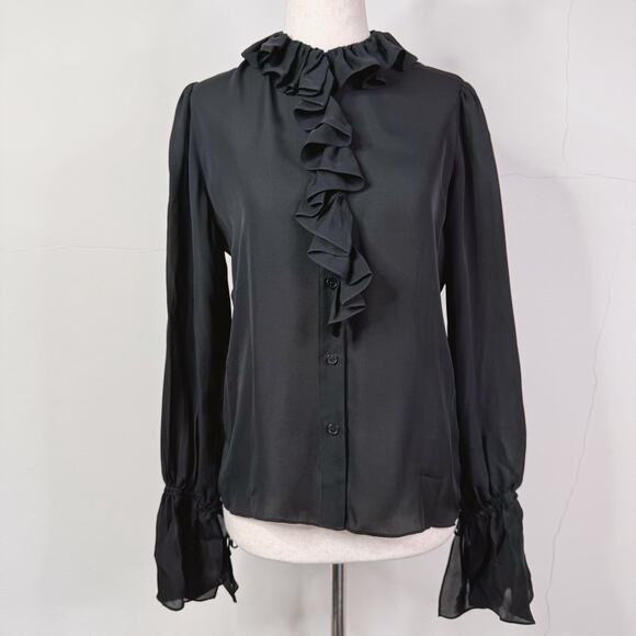 NWT Nili Lotan Black Silk Cecily Ruffle Front Blouse Top XS Button Romantic - Picture 1 of 11